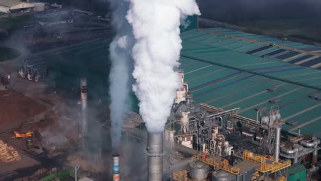 smoke from chimneys of timber mill in daytime