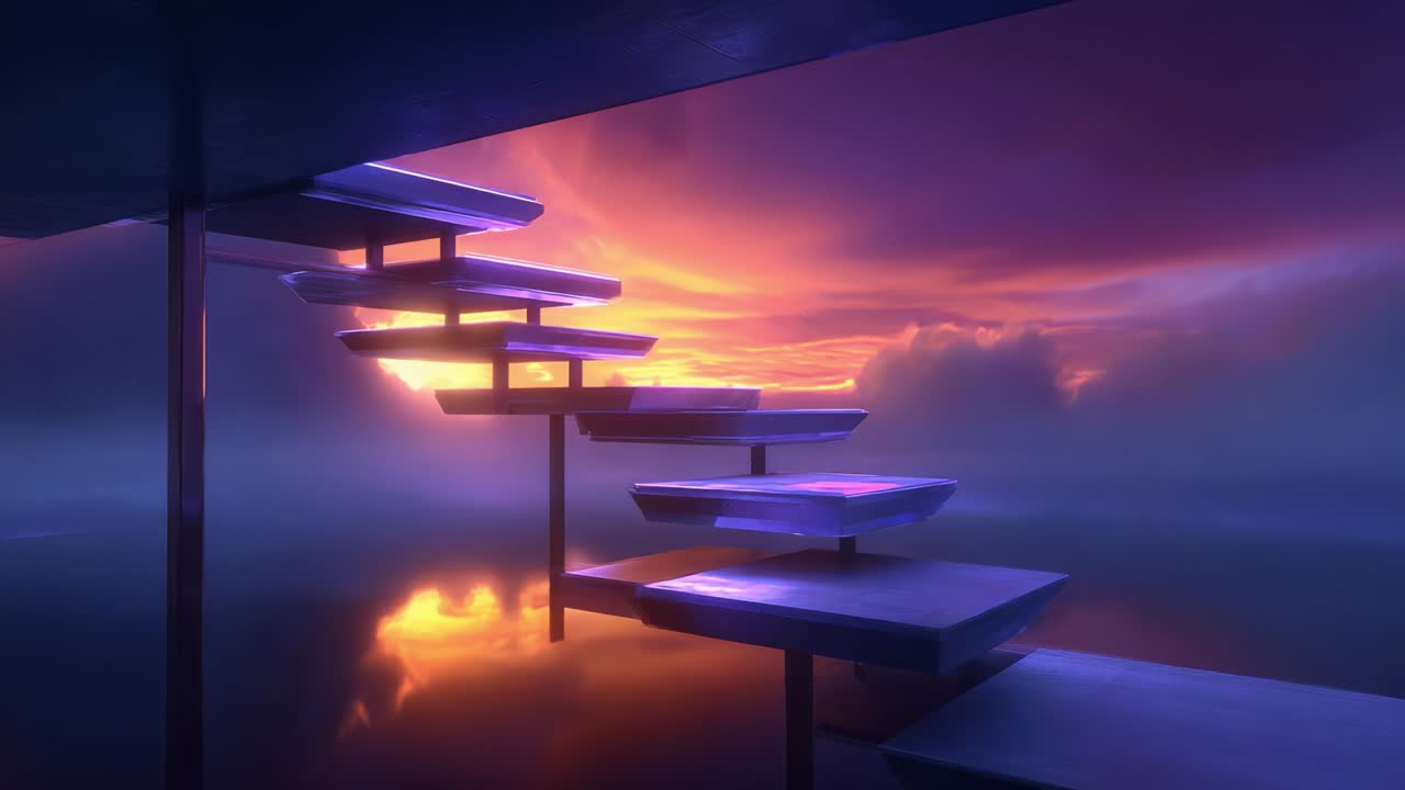 A Stunning Visual Journey Through an Ethereal Landscape: Ascending the Staircase Amidst a Mesmerizing Sunset, Surrounded by Fiery Lava and Tranquil Reflections in a Dreamlike Atmosphere