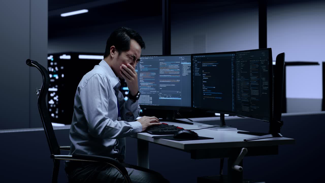 Tired programmer working late in a server room