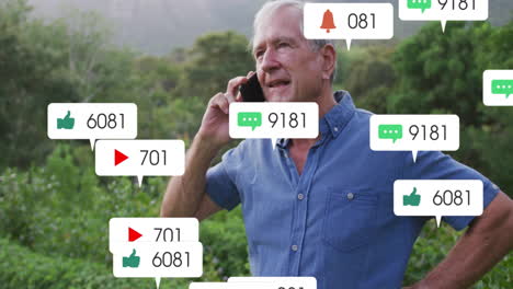 social media notifications animation over man talking on smartphone outdoors