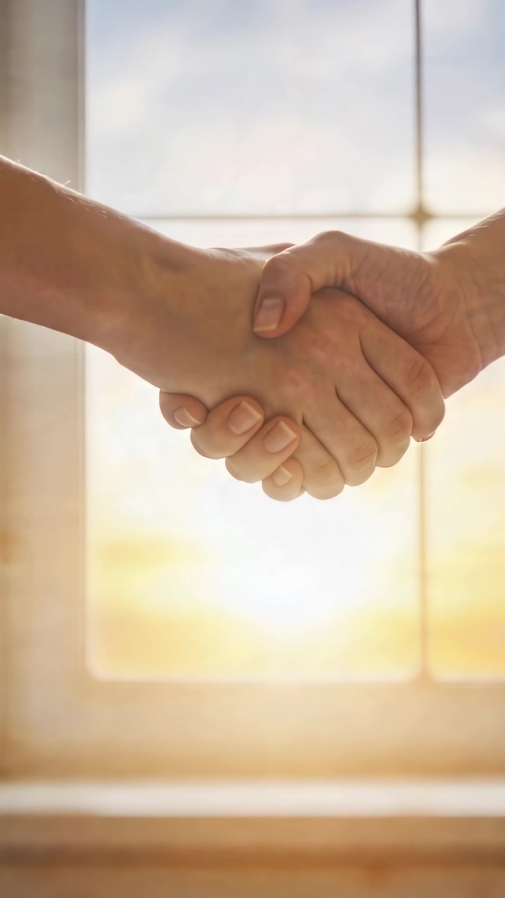 Video verticale: Avambracci che si uniscono stringendosi le mani in una stretta di mano vicino a una finestra illuminata dal sole, sigillando un accordo.