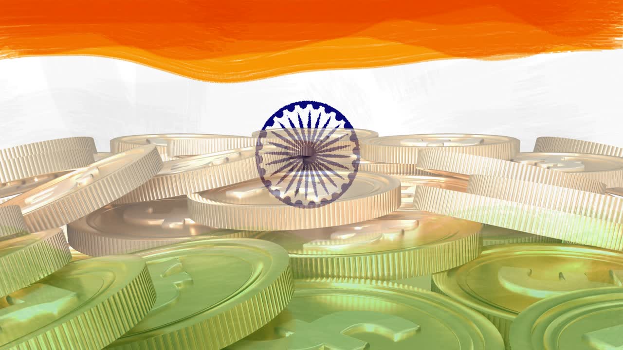 금 동전 한  ⁇ 어리 위 에 있는 인도 국기 의 애니메이션