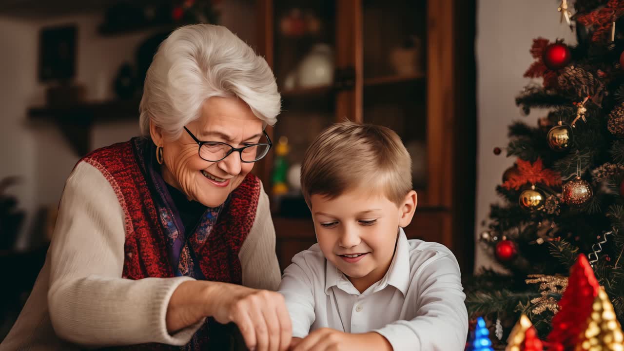 Multigenerational crafting scene, senior woman helping child make Christmas decorations, bonding while adorning holiday tree in warm, inviting living space
