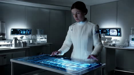 scientist interacting with futuristic holographic display in a laboratory