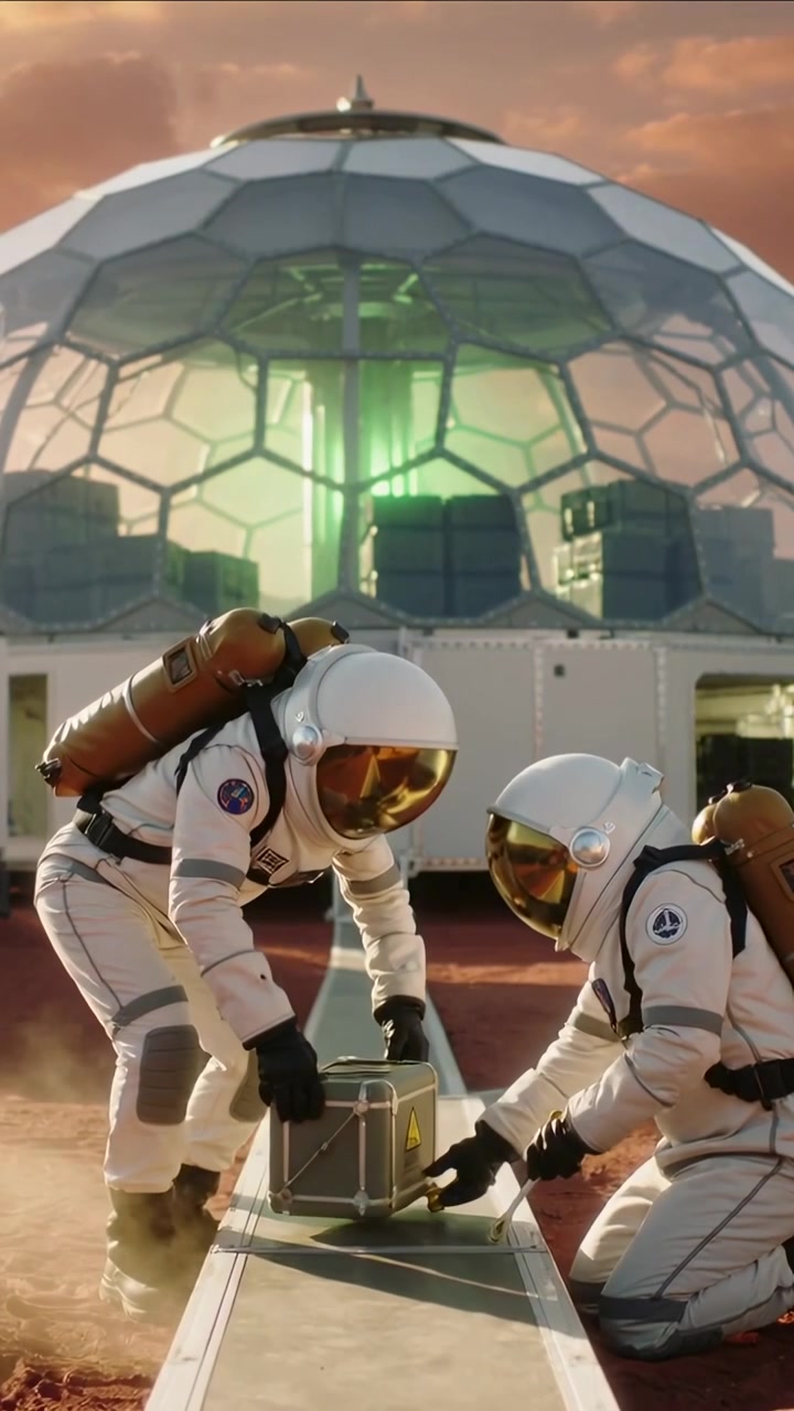 Video verticale: Equipaggio che viene calato in tute bianche con zaini, che fissa una cassa su un binario presso una cupola per il rifornimento.