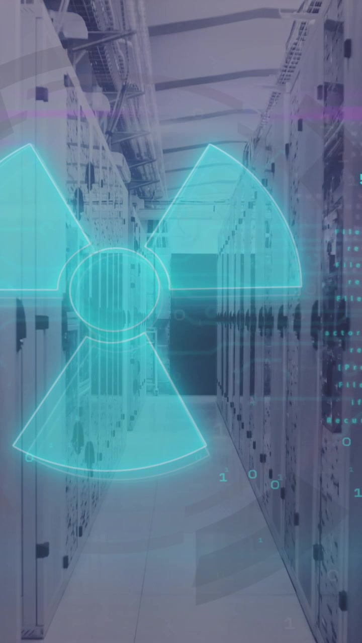 Animation of nuclear symbol over data processing and server room