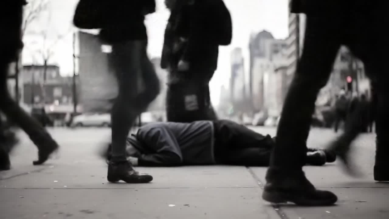 A Stark Moment on the Busy Streets: An Unseen Incident Unfolds as Pedestrians Rush Past the Unattended Figure on the Ground, Highlighting Urban Indifference