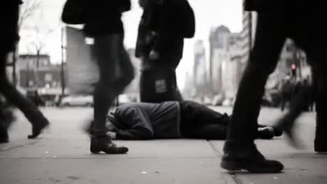 a stark moment on the busy streets: an unseen incident unfolds as pedestrians rush past the unattended figure on the ground, highlighting urban indifference