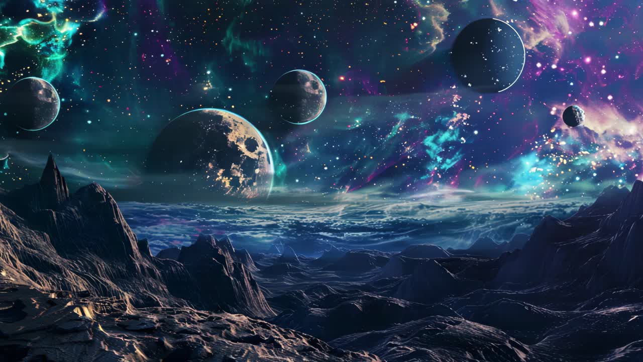 Alien Landscape with Nebula and Planets