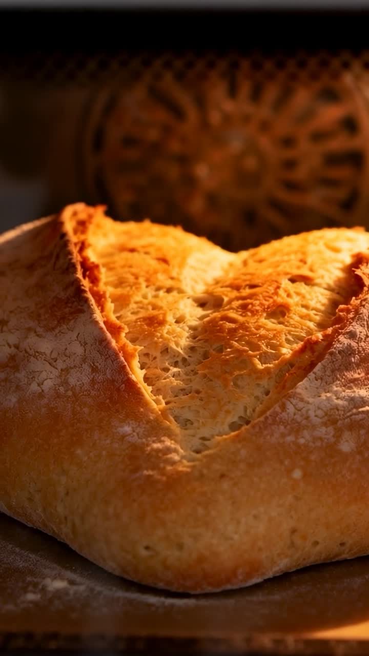 Video verticale: pagnotta in lievitazione che si apre in un taglio a forma di V sotto il calore del forno e la ventola sul vassoio