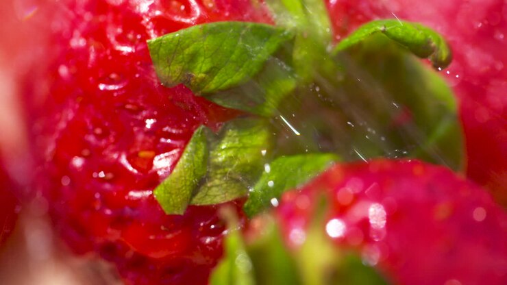 Washing a bunch of fresh, ripe strawberries in the summer sun