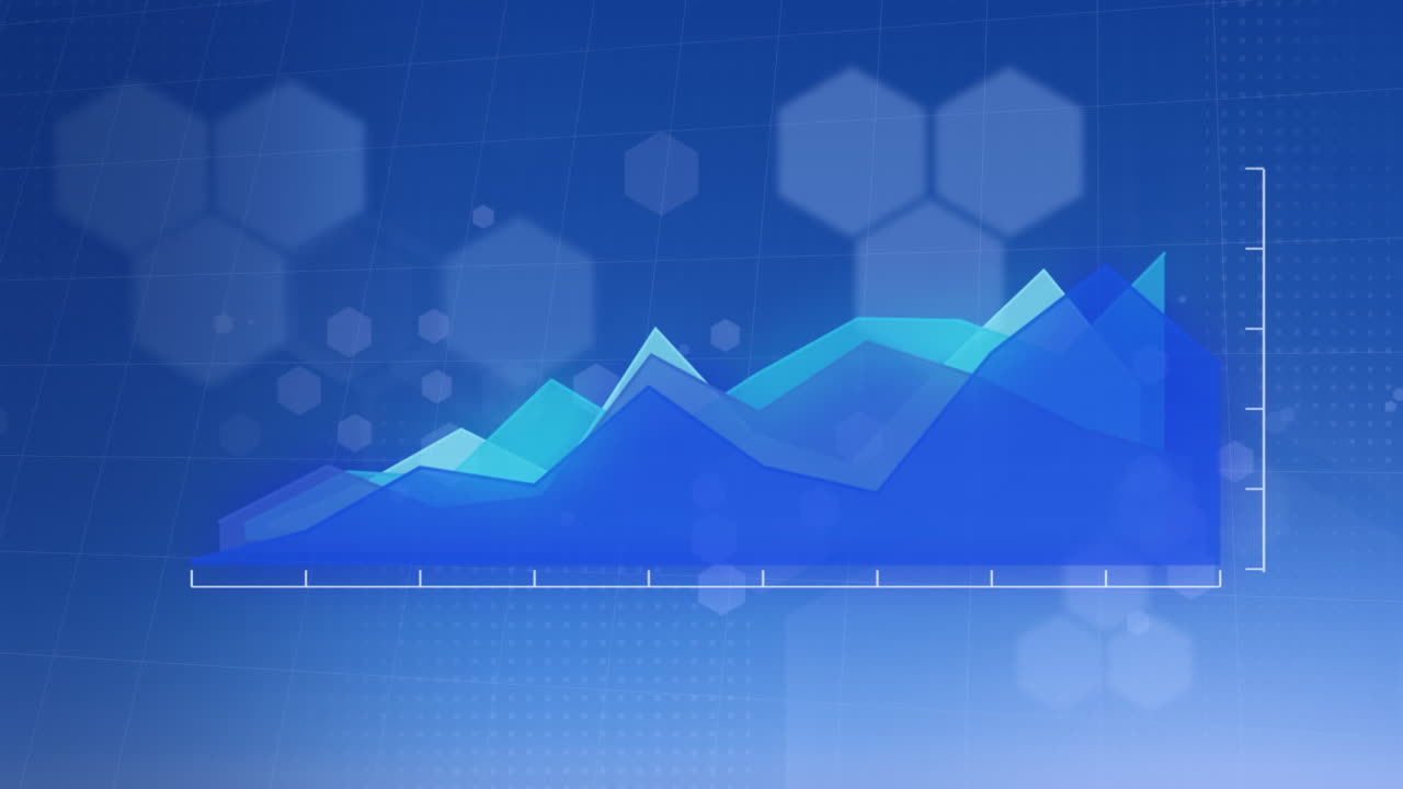 Animation of data processing over shapes on blue background