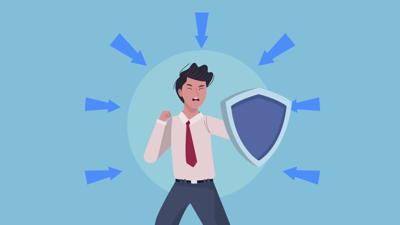 businessman extressed fighting with shield