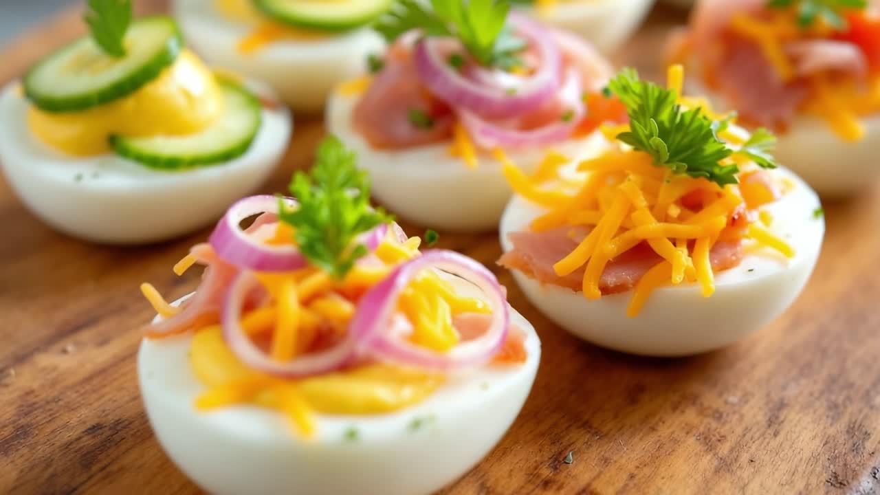 Deviled eggs arranged beautifully on a wooden platter, featuring vibrant toppings like cheese, onions, and herbs, showcasing a delicious appetizer perfect for gatherings and celebrations