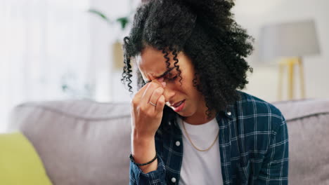 sad woman, headache and crying in home