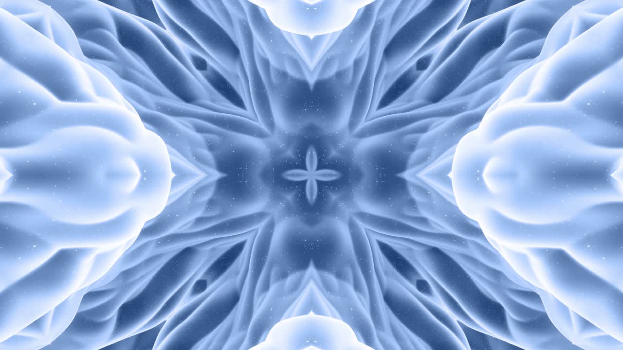 forma abstracta en 3d como una estrella o una flor, estructura simétrica de material de terciopelo azul negro intercalado con pañuelos, formas de cambios cíclicos suaves. fondo mate suave y elegante, animación suave.