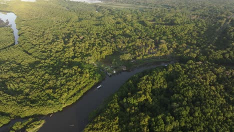 Mangroves-with-local-boats-in-early-morning-in-El-paredon-Guatemala---Drone-shot