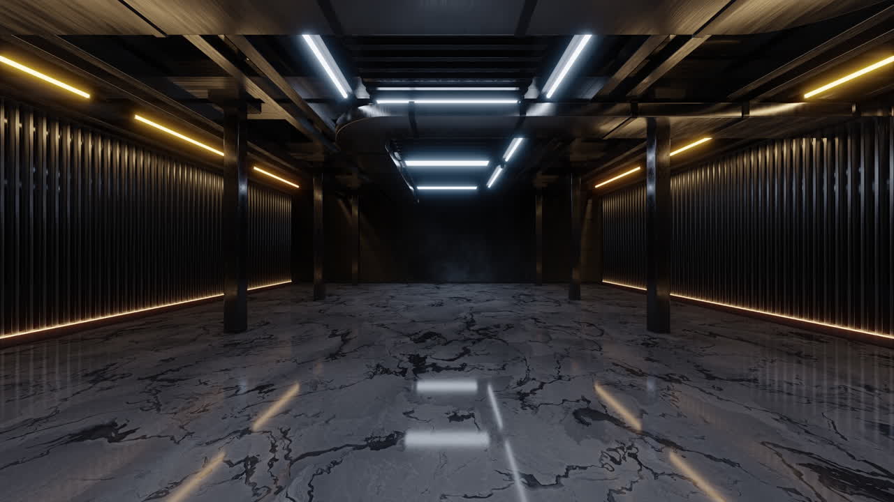 Dark building with neon illumination, 3d rendering.