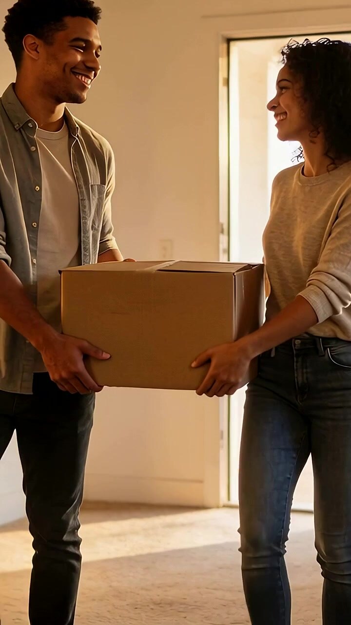 Vertical video: Stepping through open door, couple carrying box into new home, casually dressed