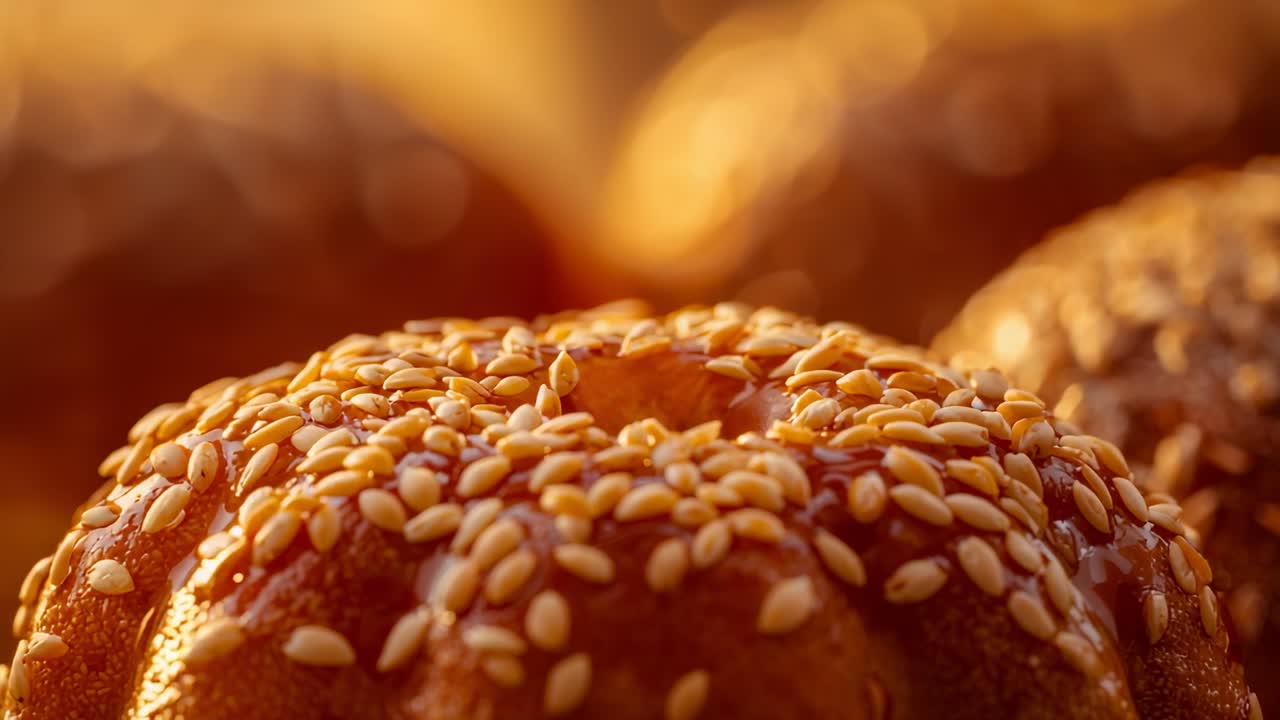 Pulling focus, camera revealing sesame seeds and crown on ring roll for bakery display