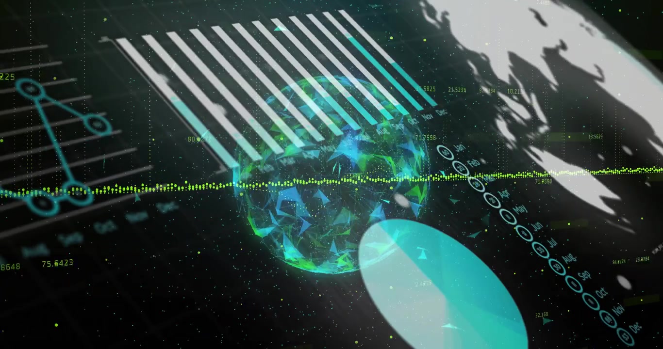 Audio waveform sliding through sphere, causing monthly bars rising, shifting, showing data view