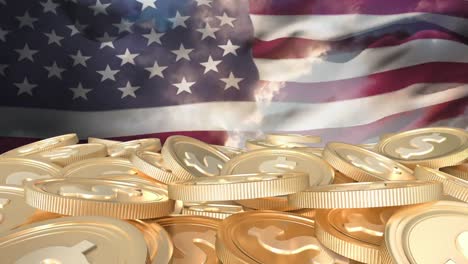 animation of us flag waving over gold coins