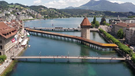 aerial of bridges over canal in luzern, switzerland