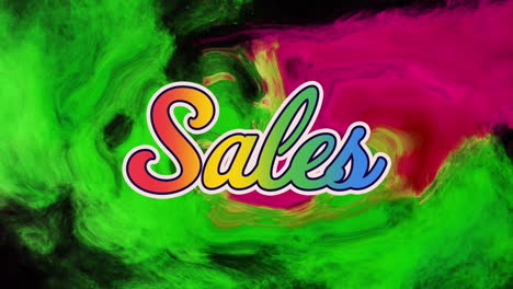 animación del texto de venta en colores del arco iris sobre nubes líquidas verdes y rojas