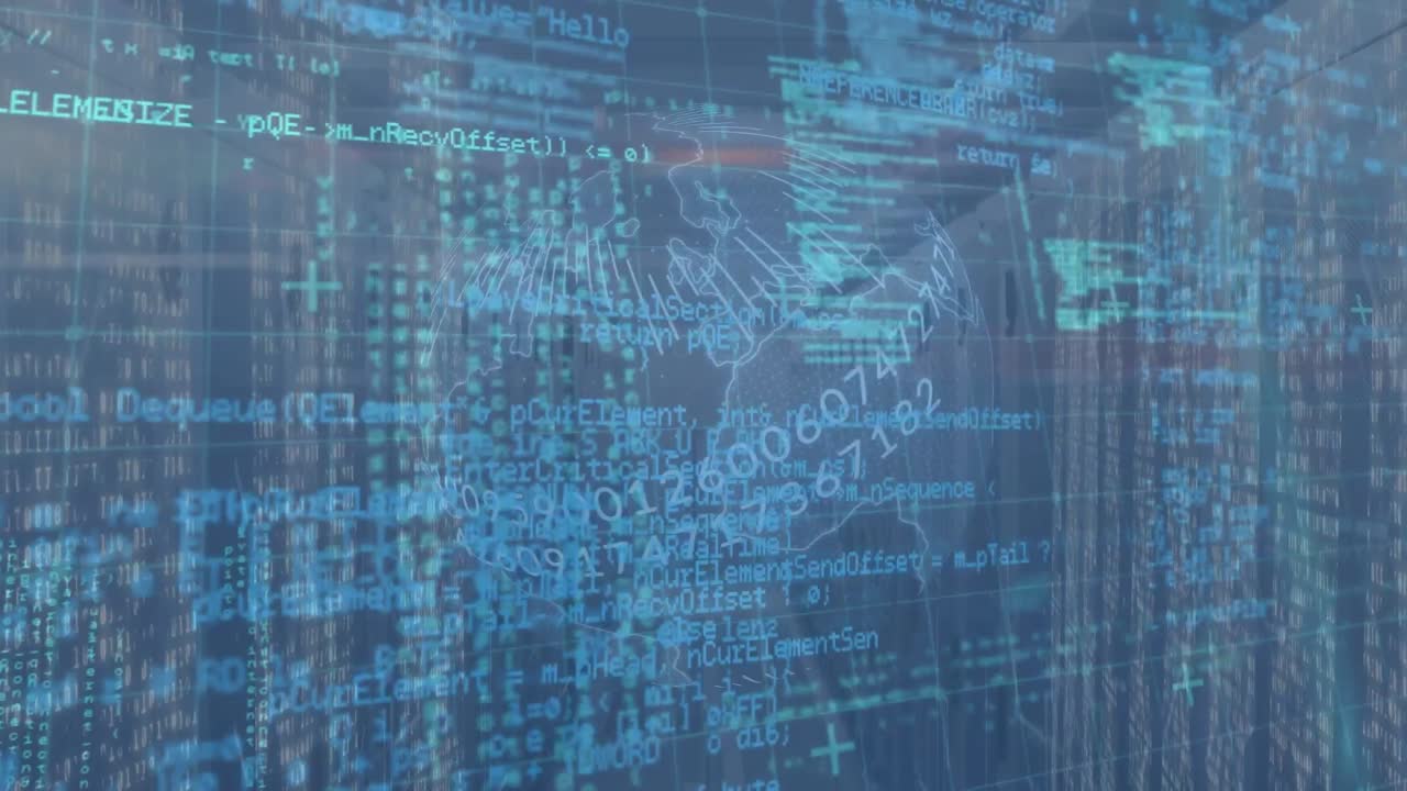 Animation of globe and data processing over server room