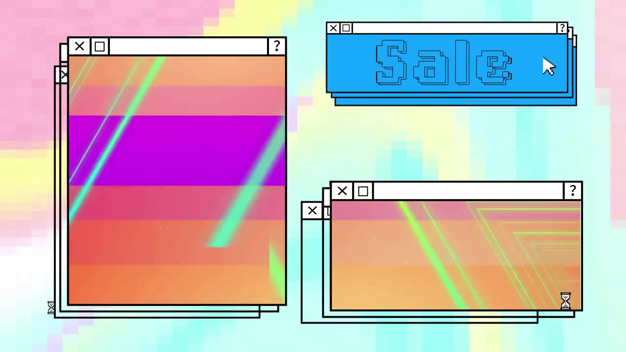 Animation of sale text over computer screens and vibrant background