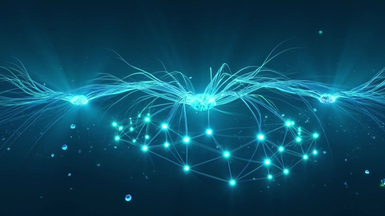 Abstract Digital Network Connection with Glowing Blue Particles and Waves