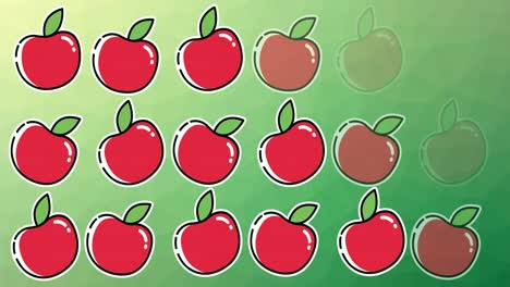 Animation-of-single-apples-floating-on-green-background