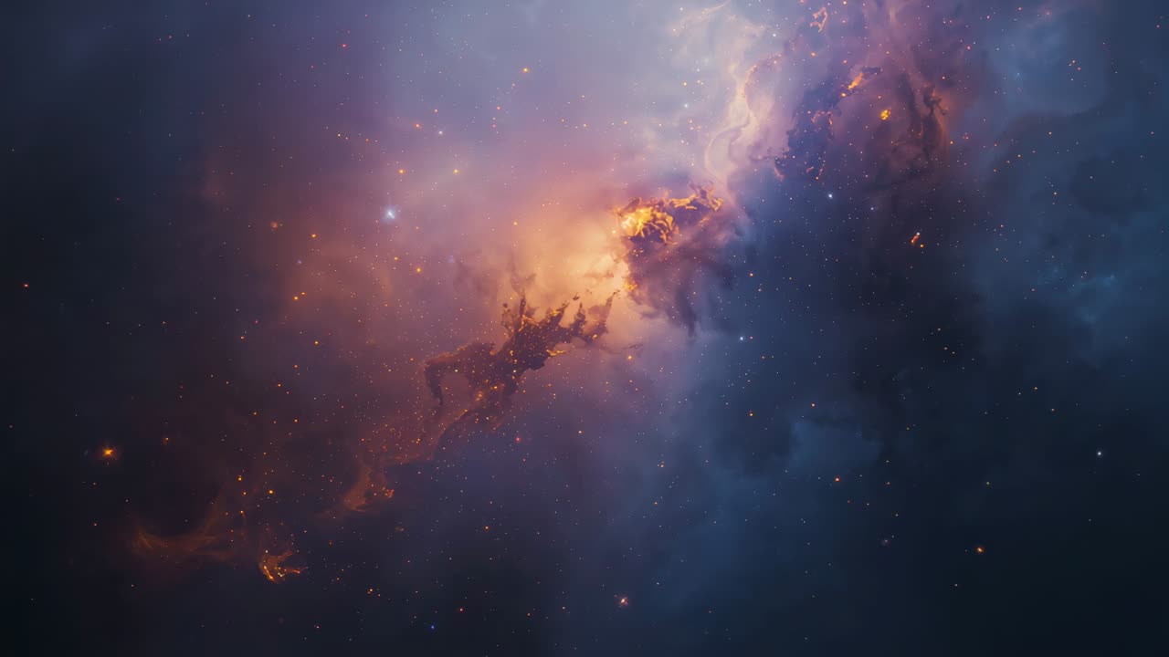 I takt med at frames passerer, lysner og udvider gyldent filament sig hen over den lilla sky og danner klare knuder