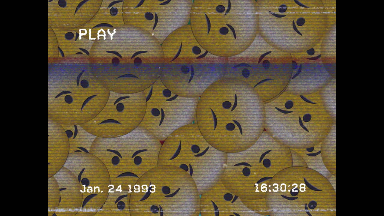 animación digital del efecto de falla de vhs sobre múltiples emojis de cara enojada en un fondo negro