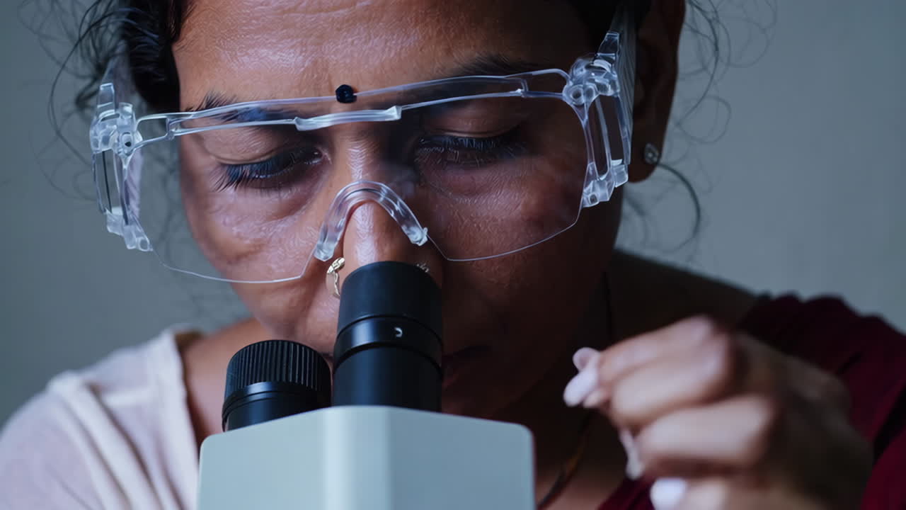A scientist examines a sample using a microscope in a lab