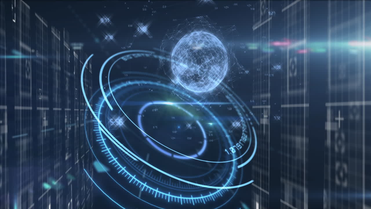 파란색 배경의 데이터 처리에 대한 범위 스캐너 위의 지구