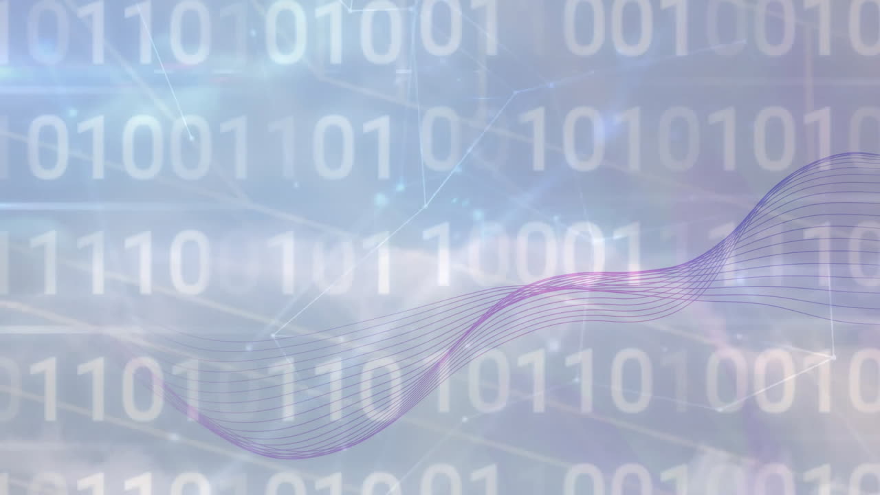 Binary code and wave animation over abstract digital background
