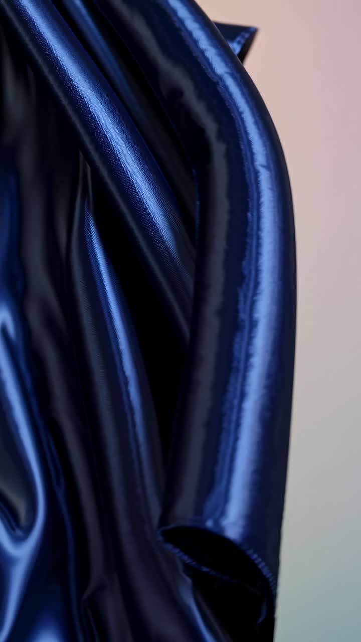 Video ravvicinato di tessuto di raso blu ondeggiante, che mostra la sua texture lucida e il drappeggio elegante
