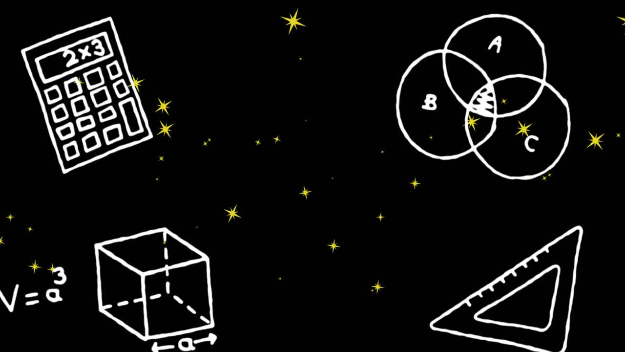 검은 바탕의 별 위에 과학 및 수학 아이콘의 애니메이션