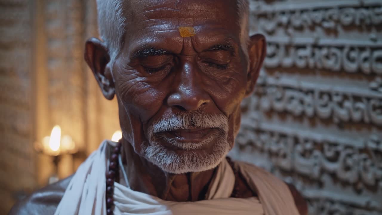 Elderly priest with white mustache and beard. Wearing traditional clothes and a necklace. Meditates with closed eyes in a temple. Illuminated by a warm light source. Showing serenity and spirituality