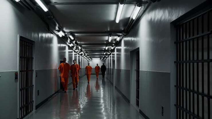 Inmates Walking Down a Prison Corridor