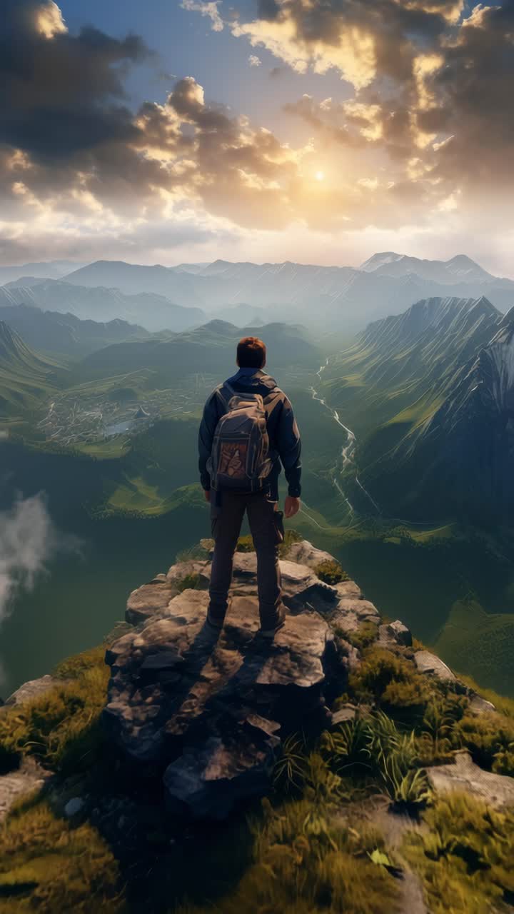 A breathtaking video concept of a lone hiker on a mountain peak at sunrise