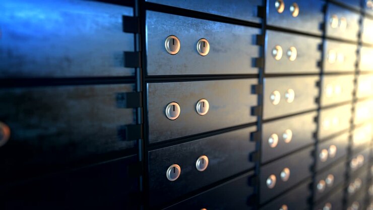 Close up of safe deposit boxes in a bank vault room, seamless loop