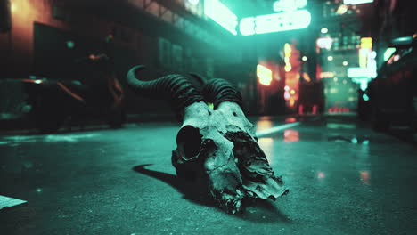 a skull in a cyberpunk city