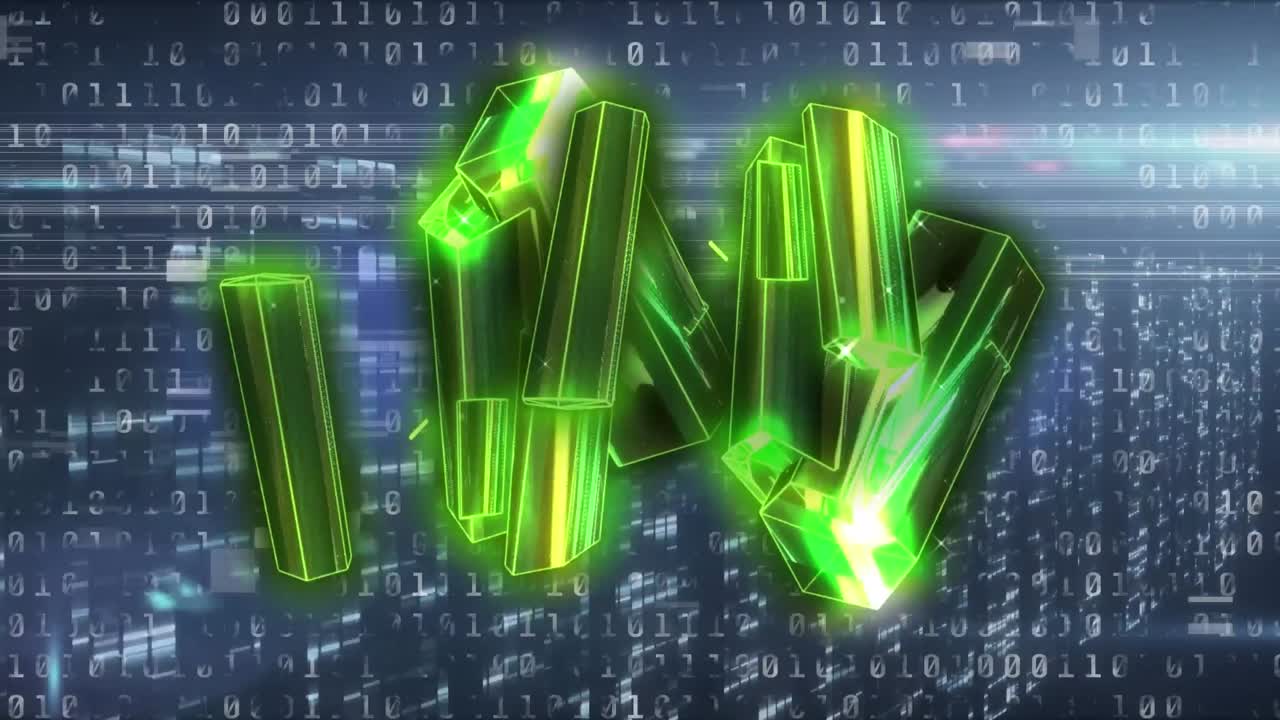 animación de interferencias y formas sobre procesamiento de datos y columnas móviles sobre fondo negro