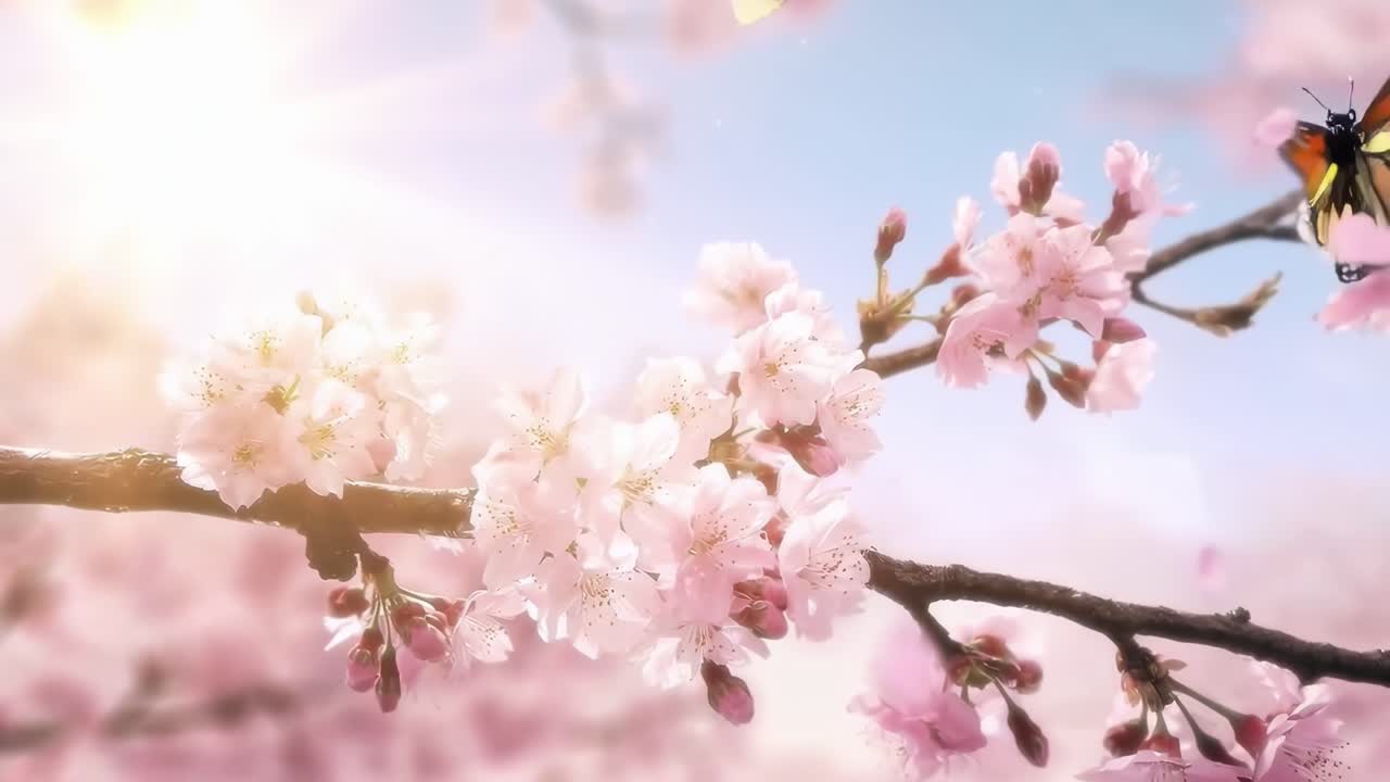 Farfalla monarca che vola intorno a fiori di ciliegio rosa alla luce del sole primaverile