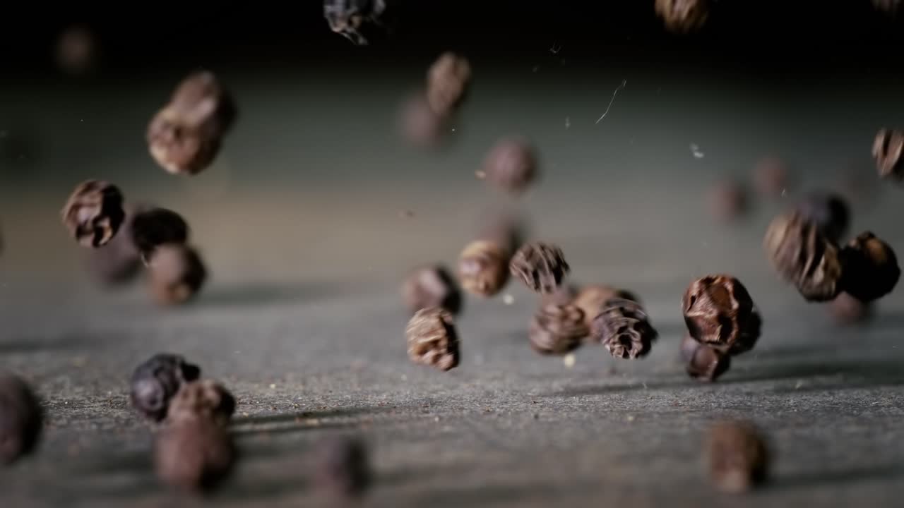 페퍼콘 (peppercorn) 또는 블랙 페퍼 (black pepper) 스파이스는 슈퍼 스로우 모션 카메라 1000fps로 촬영된 슈퍼 매크로 클로즈업입니다.