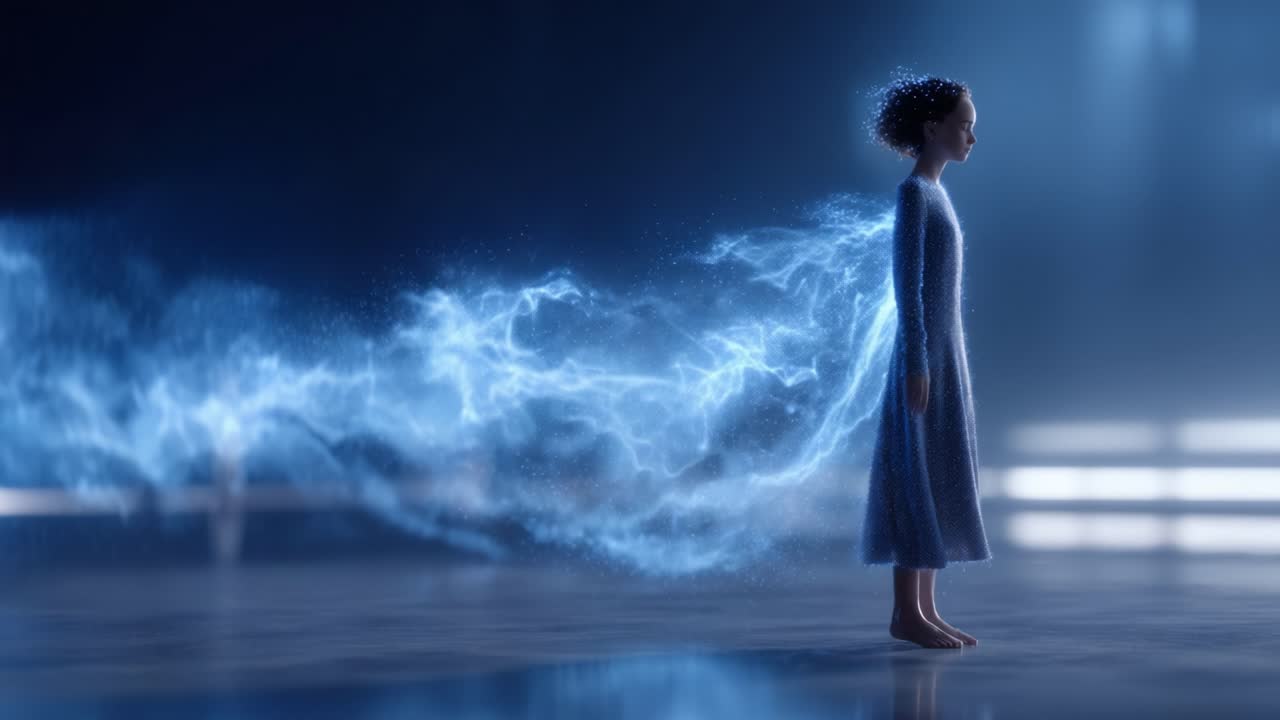 A mesmerizing portrayal of a figure surrounded by ethereal energy, capturing the essence of movement and transformation through dynamic light and flowing dynamics