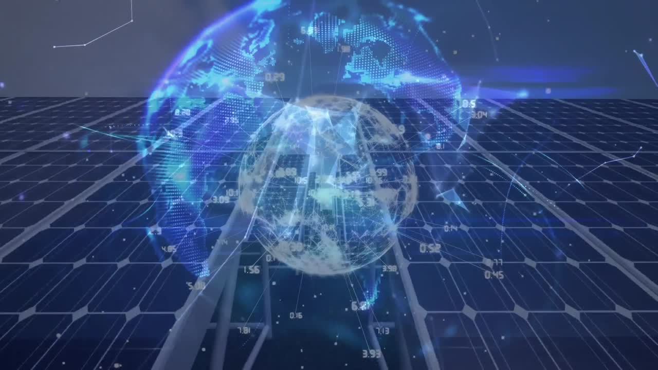 푸른 하늘을 배경으로 회전하는 풍차와 태양 전지판 위에 있는 플렉서스 네트워크의 지구의 애니메이션