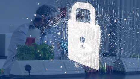 animación del candado de seguridad en línea sobre el laboratorio de científicos